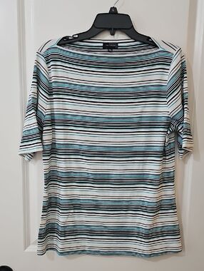 The Limited Striped 3/4 Sleeve Tee in White, Teal & Black